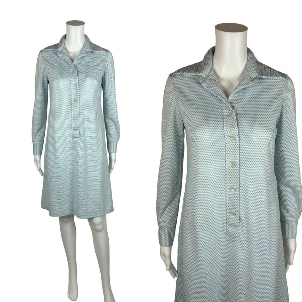 Vintage 70s Dotted Dress Women's Small Blue White Long Sleeve Polka Dot Shift